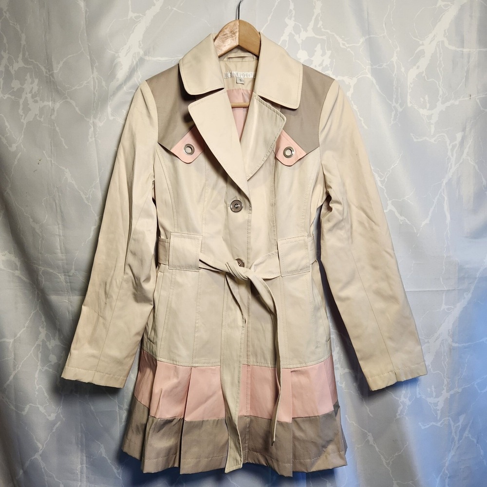 Via Spiga Womens S Colorblock Pleated Mid Trench Coat Beige Pink Tan W/Belt